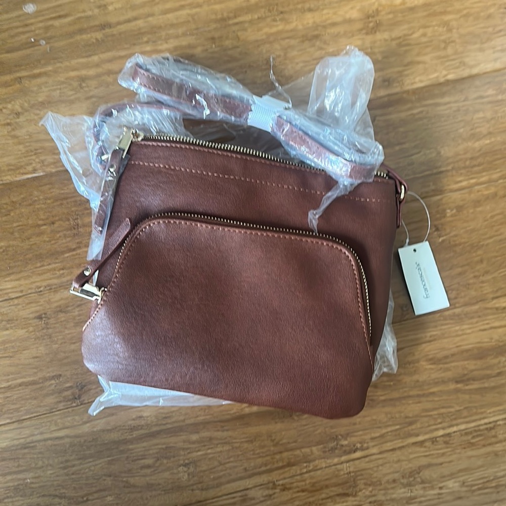 CASSIE MULTI ZIPPER VEGAN CROSSBODY IN COGNAC
